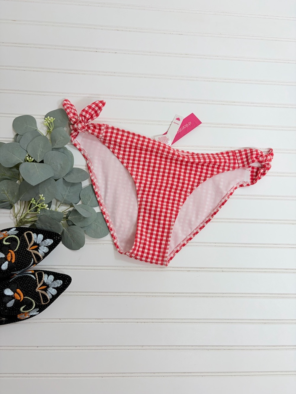 Xhiliration Check Side Tie Cheeky Bikini Bottom